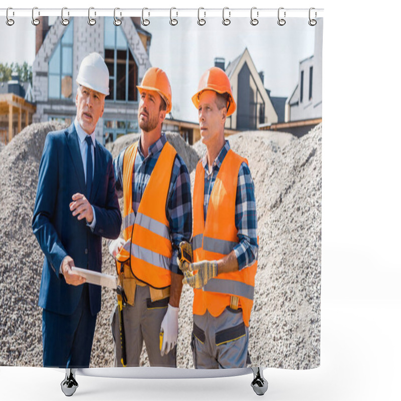 Personality  Constructors In Helmets Standing Near Businessman With Digital Tablet  Shower Curtains