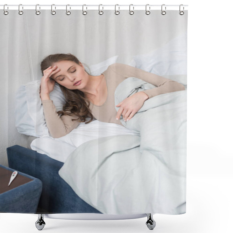 Personality  Woman Lying In Bed With Fever Shower Curtains