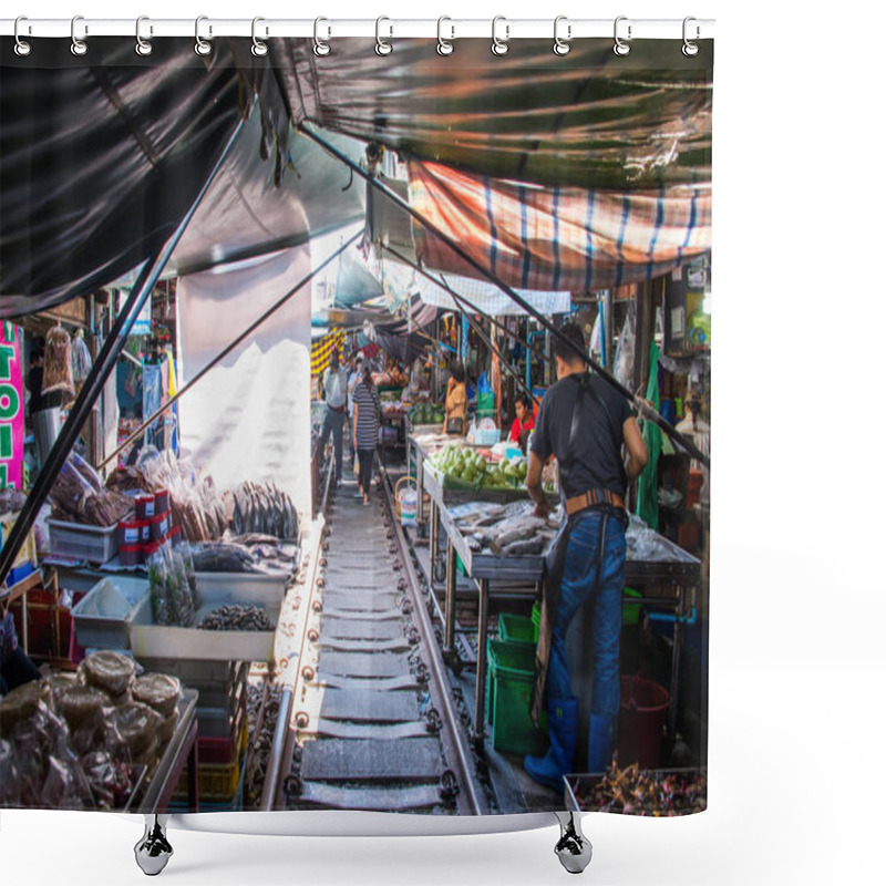 Personality  Samut Songkhram, Thailand-SEP 12,2017: The Famous Railway Market Or Folding Umbrella Market At Maeklong, Thailand, One Of Famous Market Landmark In Thailand. Shower Curtains