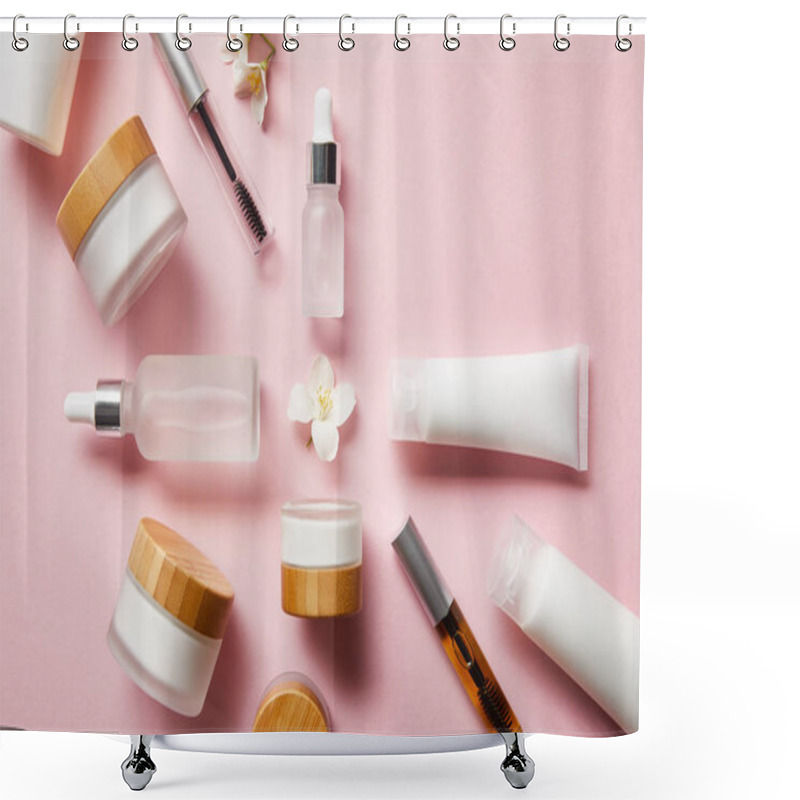 Personality  Top View Of Jars, Cream Tubes With Hand Cream, Cosmetic Glass Bottles, Mascara Bottles And Jasmine Flower In Middle On Pink  Shower Curtains