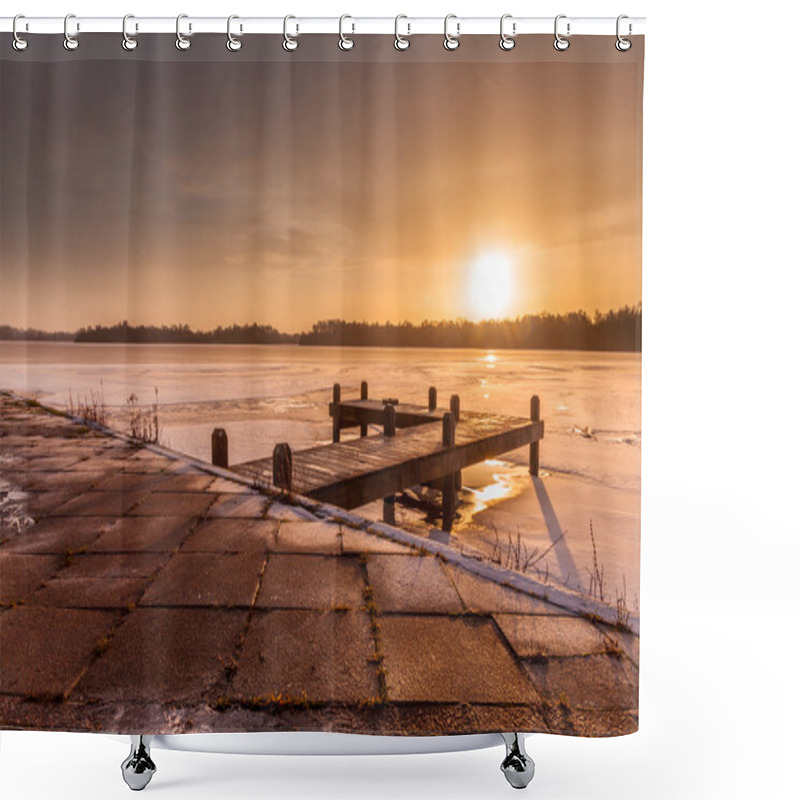 Personality  Orange Winter Landscape Frozen Lakewith Ice Shower Curtains