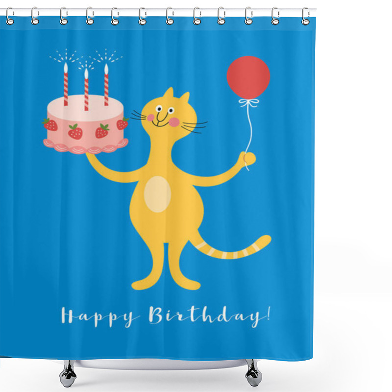 Personality  Happy Birthday Card. Cute Cat With Cake And Ballon. Three Year Old Birthday Shower Curtains