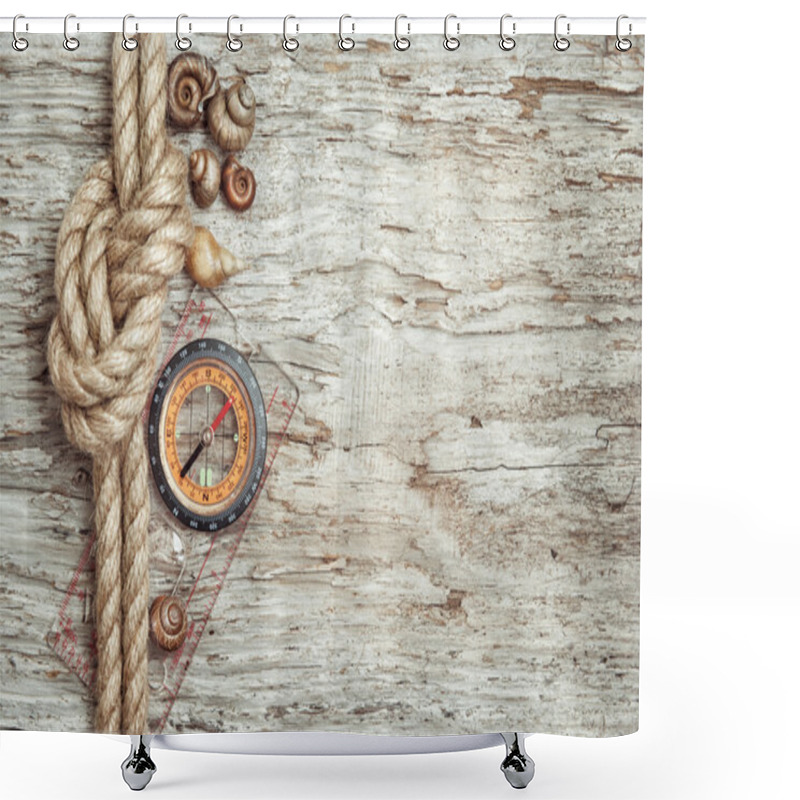 Personality  Ship Rope, Shells, Compass And Wood Background Shower Curtains