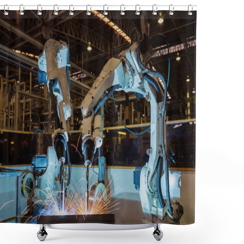 Personality  Industrial Welding Robots Are Movement In Production Line Factory Shower Curtains