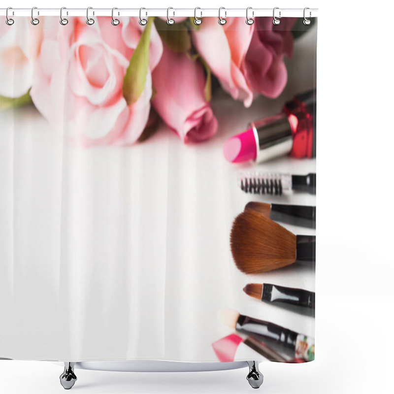 Personality  Make Up Products And Tools With Pink Roses Flowers On White Shower Curtains