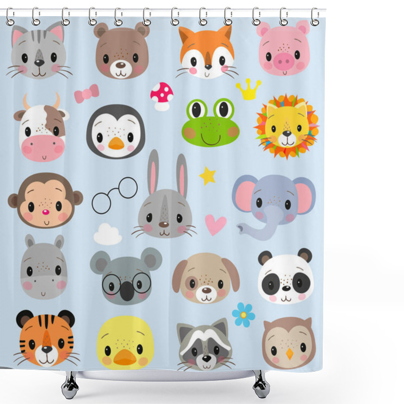 Personality  Faces Cute Cartoon Animals On A White Background Shower Curtains