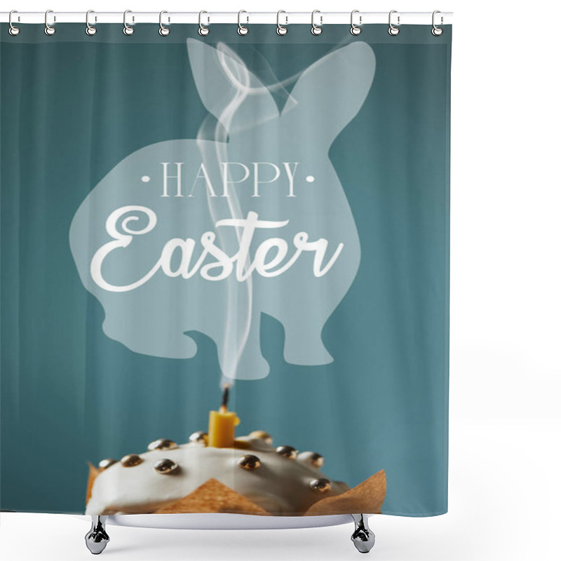 Personality  Selective Focus Of Traditional Easter Cake With Fireless Candle And Smoke On Blue Background With Happy Easter Lettering And Rabbit Illustration  Shower Curtains