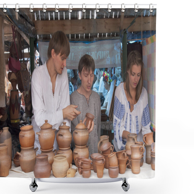 Personality  Two Guys And A Girl Selling Pottery. Shower Curtains