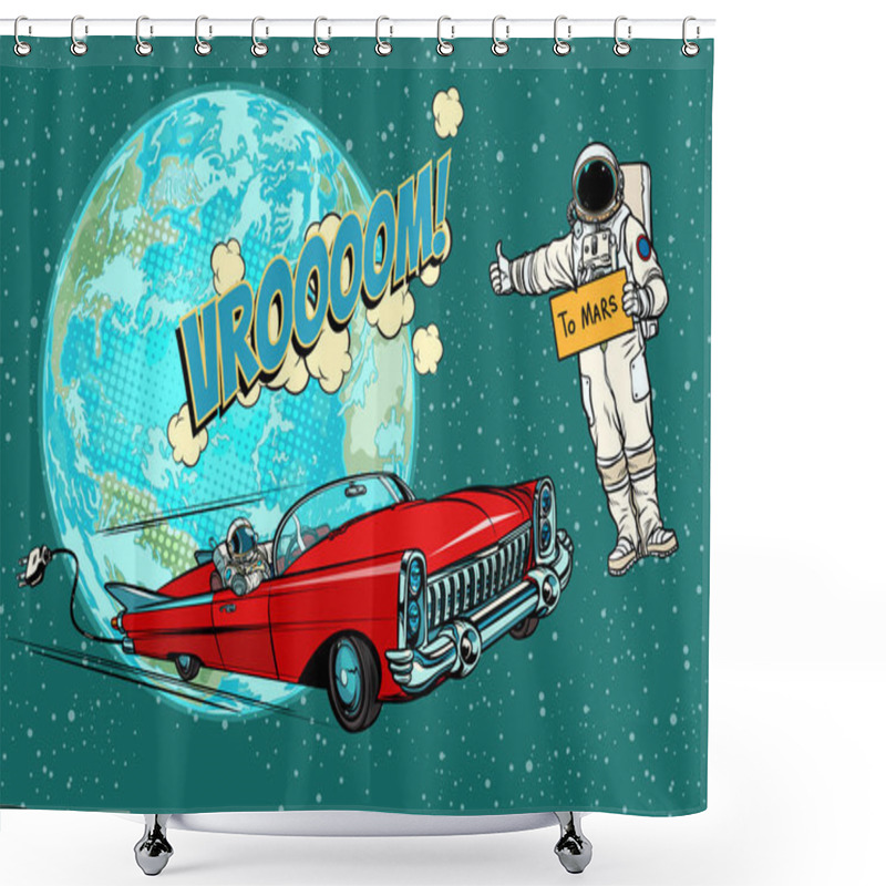 Personality  Hitchhiking Astronaut Waiting For The Electric Car In Space. Fli Shower Curtains