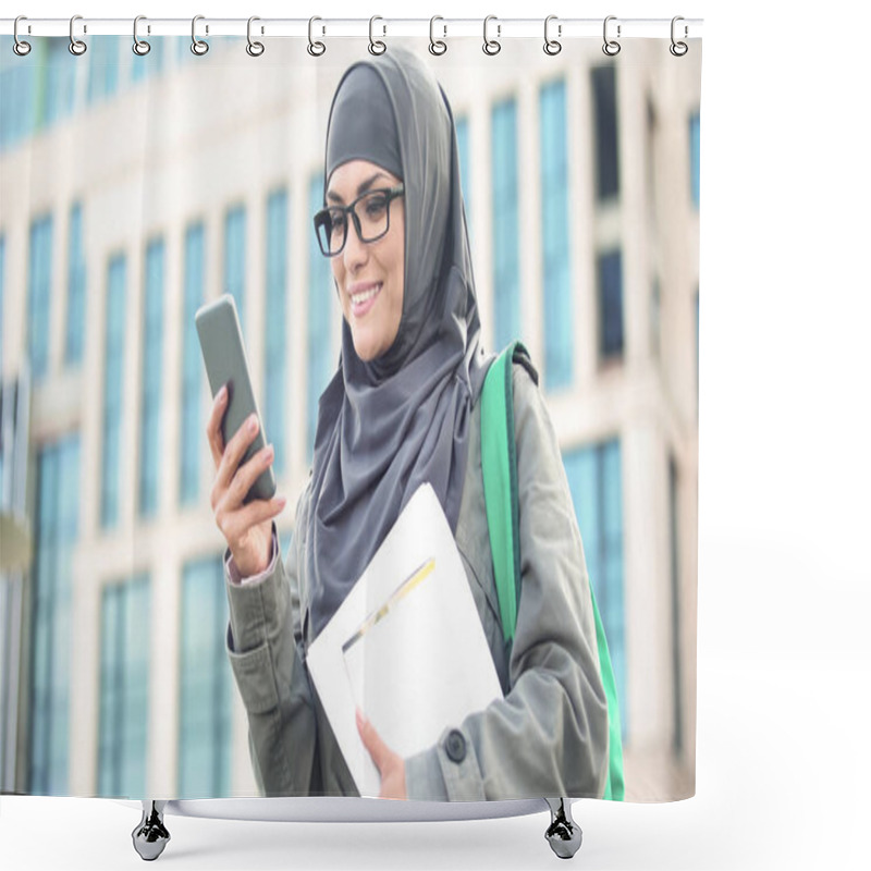 Personality  Happy Muslim Woman Student Chatting On Phone Outdoors On University Campus Shower Curtains