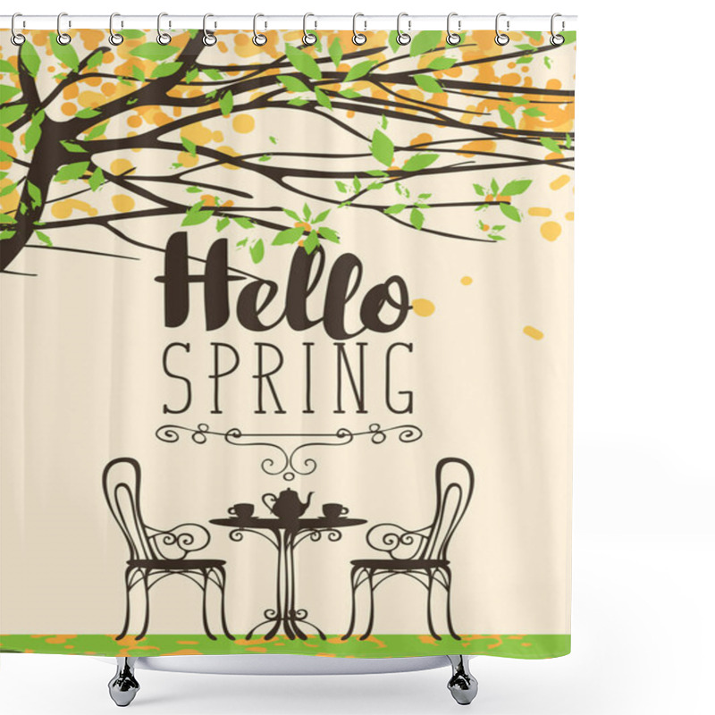 Personality  Spring Flowering Tree, Table For Two And Lettering Shower Curtains