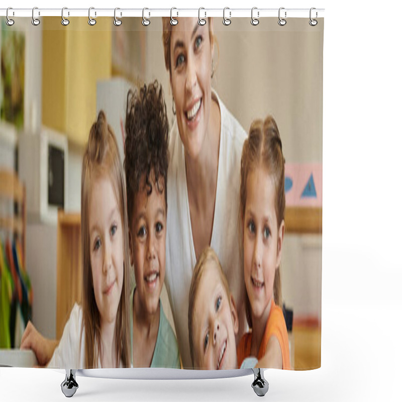 Personality  Positive Teacher And Interracial Children Looking At Camera In Montessori School, Banner Shower Curtains