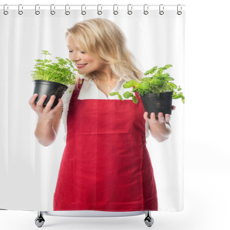 Personality  Woman With Apron Smelling A Pot With Parsley Shower Curtains