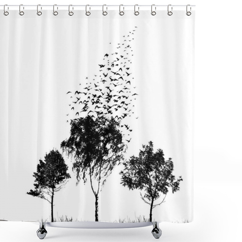 Personality  Silhouettes Of Trees With Flying Birds. Vector Illustration Shower Curtains