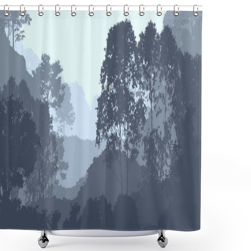 Personality  Abstract Background With Foggy Hills And Trees Silhouettes With Forest Haze. Shower Curtains