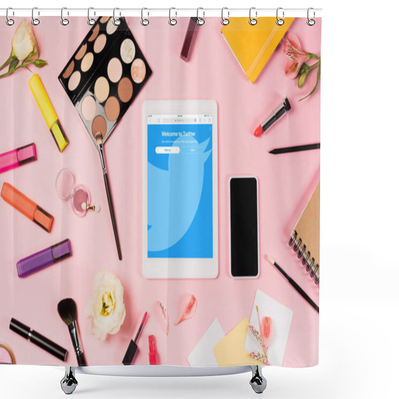 Personality  KYIV, UKRAINE - MAY 11, 2019: Top View Of Digital Tablet With Twitter App On Screen, Smartphone With Blank Screen, Flowers, Highlighters And Decorative Cosmetics On Pink Shower Curtains