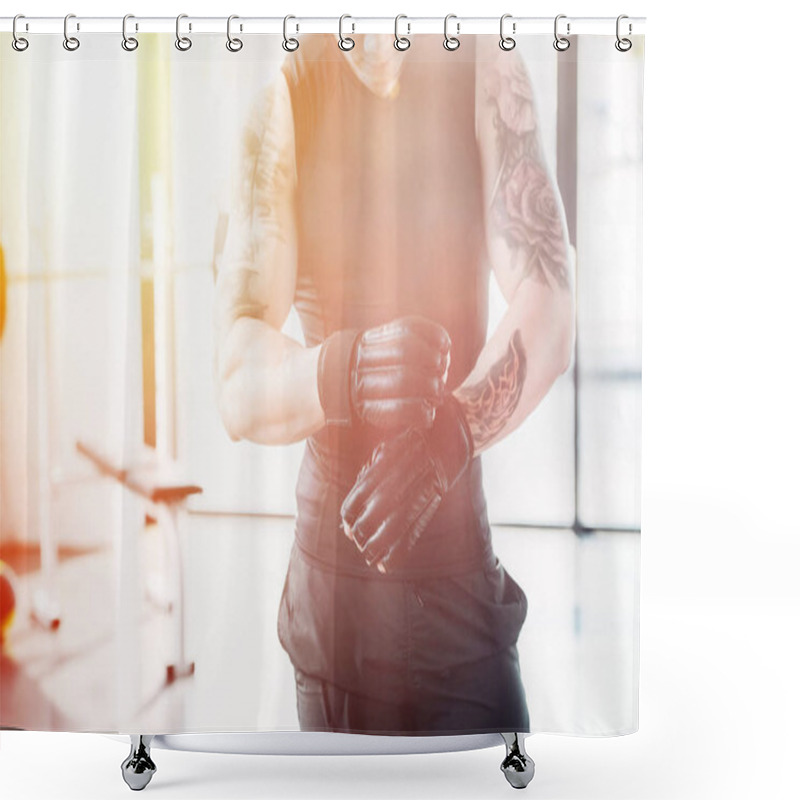 Personality  Cropped View Of Young Sportsman Wearing Boxing Gloves In Sunlight Shower Curtains