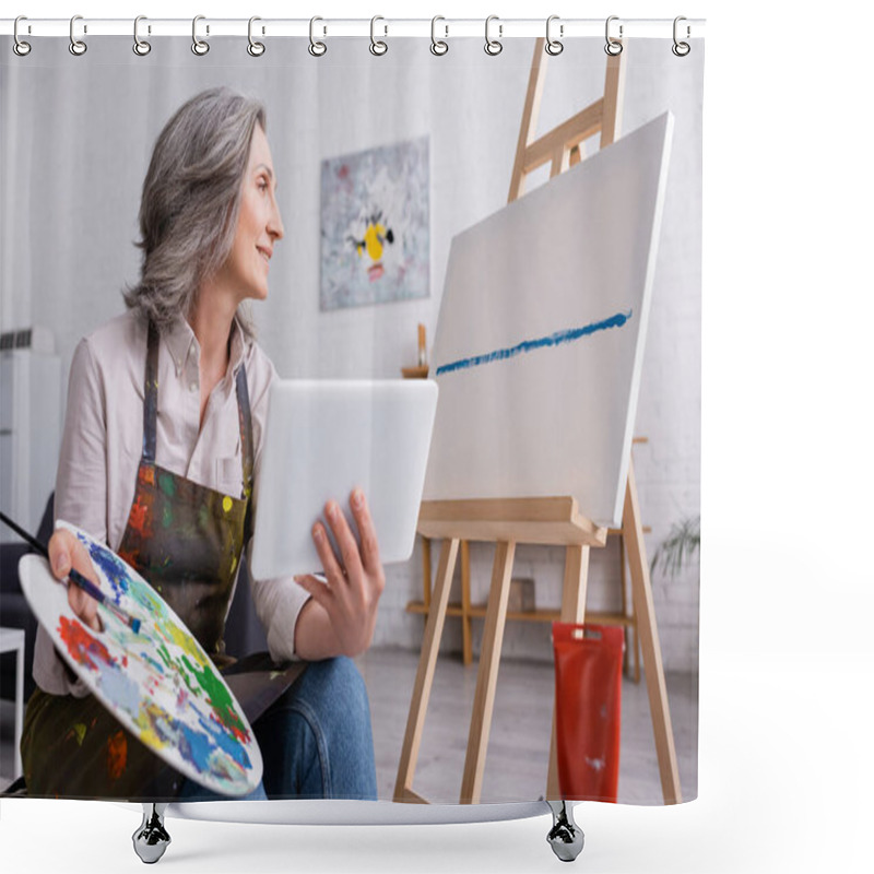 Personality  Pleased Mature Woman Holding Palette And Digital Tablet While Looking At Canvas Shower Curtains