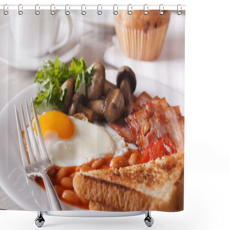 Personality  Eggs With Bacon And Vegetables Close-up On A Plate. Horizontal Shower Curtains