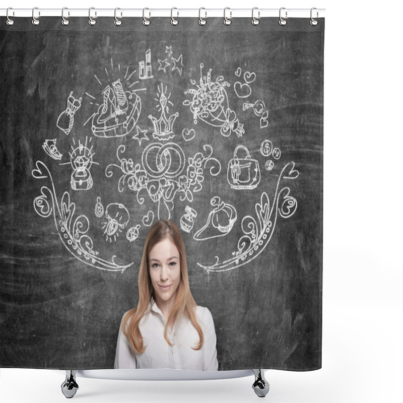 Personality  Young Woman Is Dreaming About Shopping. Shopping Icons Are Drawn On The Black Chalkboard. Shower Curtains