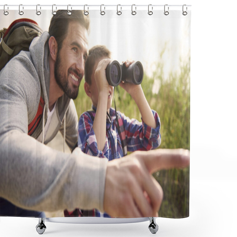 Personality  Father And Son With Binoculars Shower Curtains