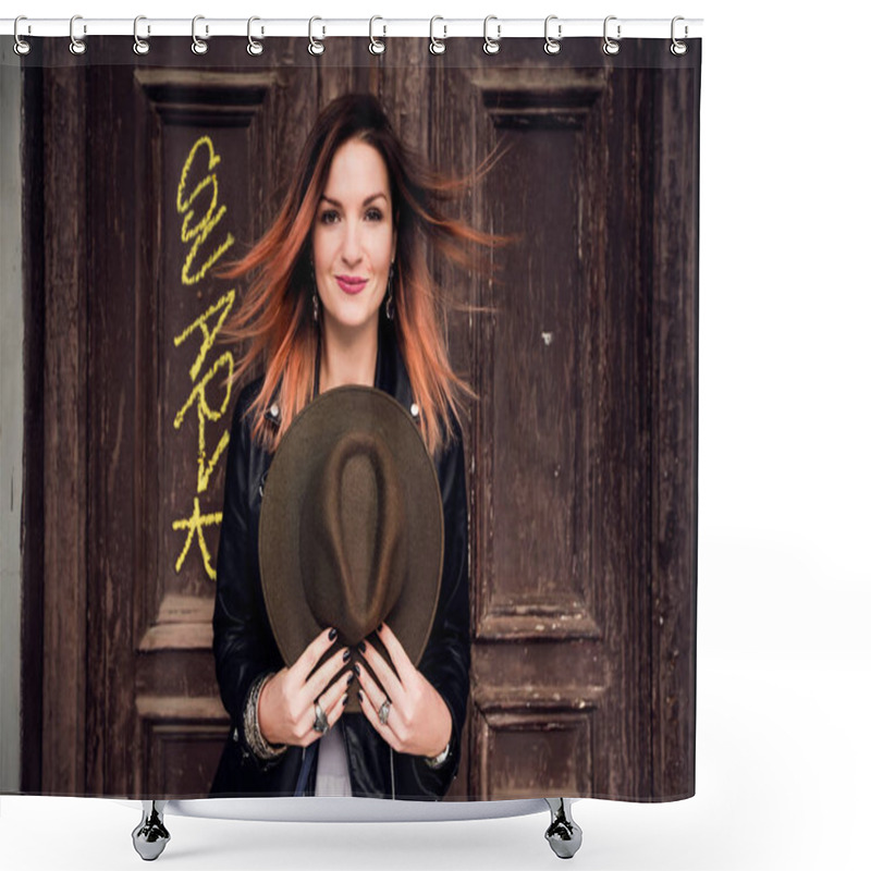 Personality  Young Beautiful Woman Standing Holding Hat On Background Of Wooden Door Shower Curtains