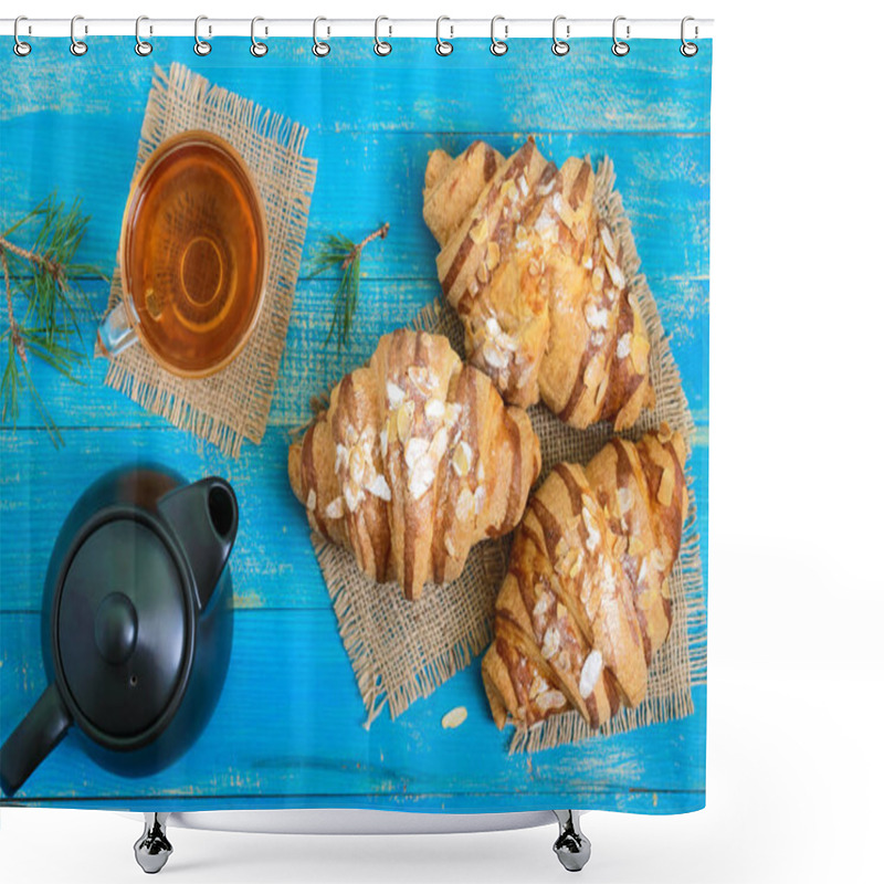 Personality  Freshly Baked Croissants With Almond Flakes, A Tea Pot And A Cup Of Tea On A Blue Wooden Background. French Pastries. Breakfast. Shower Curtains