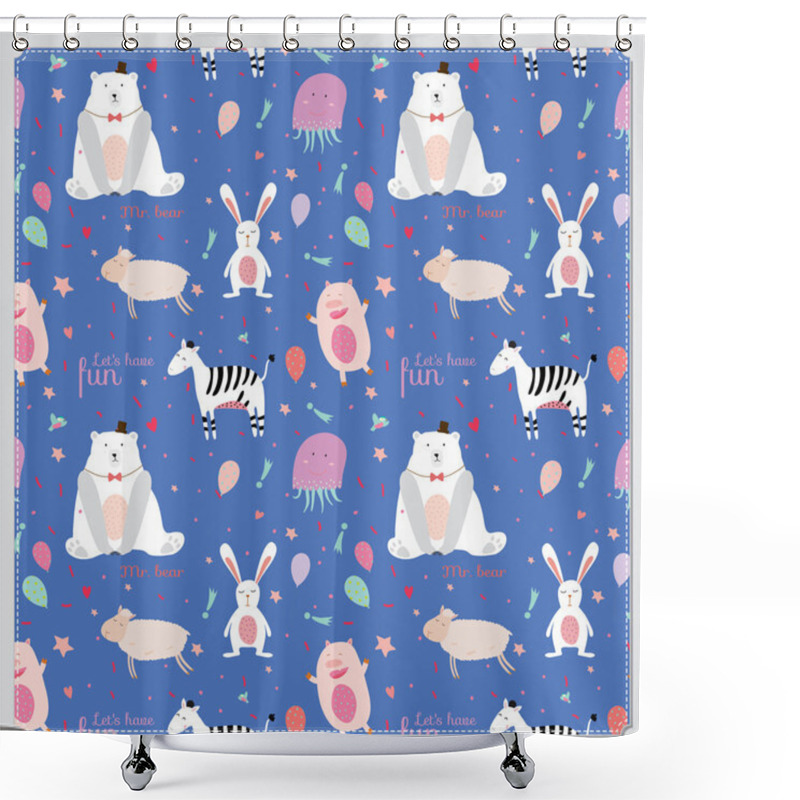 Personality  Cute Childish Pattern With Cartoon Animals, Speech Bubbles And Fireworks Shower Curtains