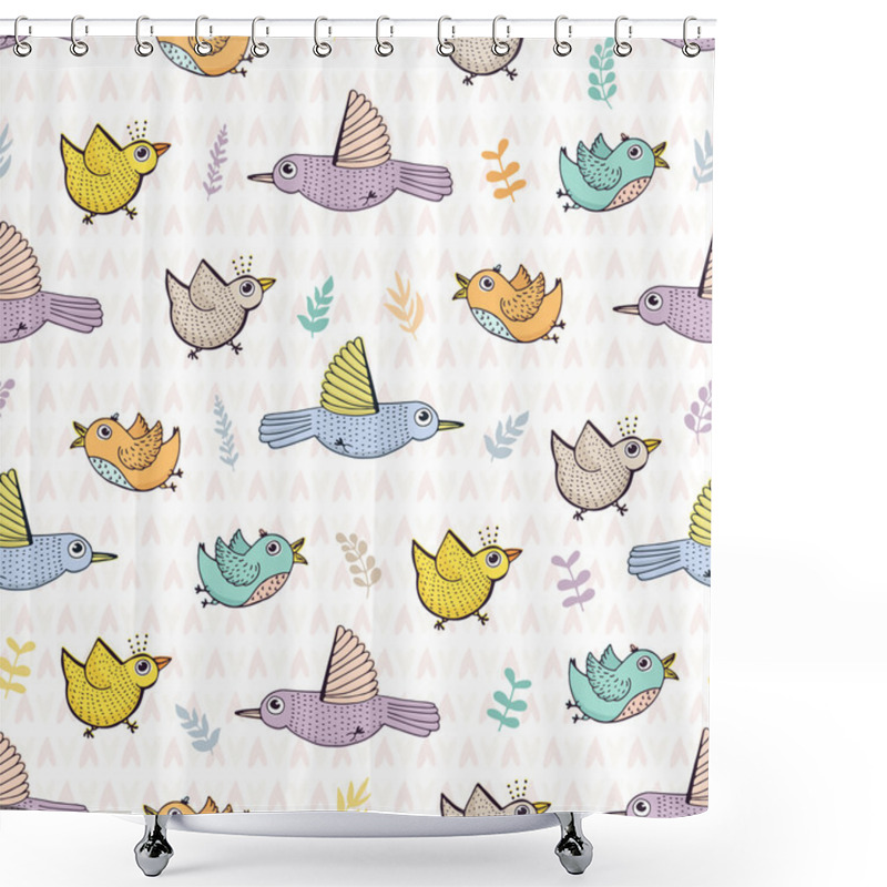 Personality  Cute Hand Drawn Seamless Pattern With Birds Shower Curtains