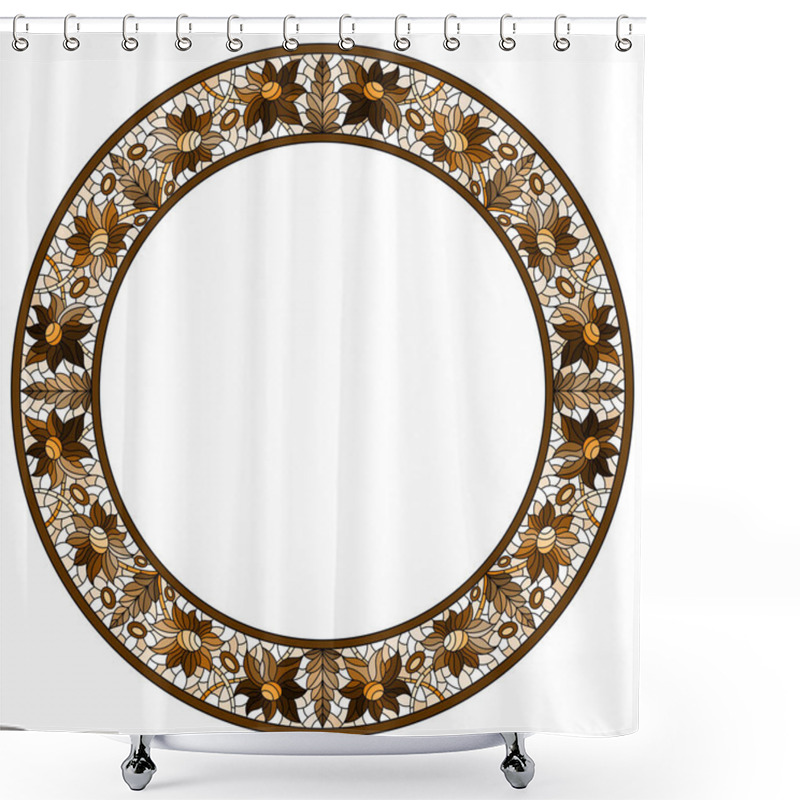 Personality  Illustration In Stained Glass Style Flower Frame, Bright Flowers And  Leaves  Frame On A White Background, Monochrome Tone Brown  Shower Curtains