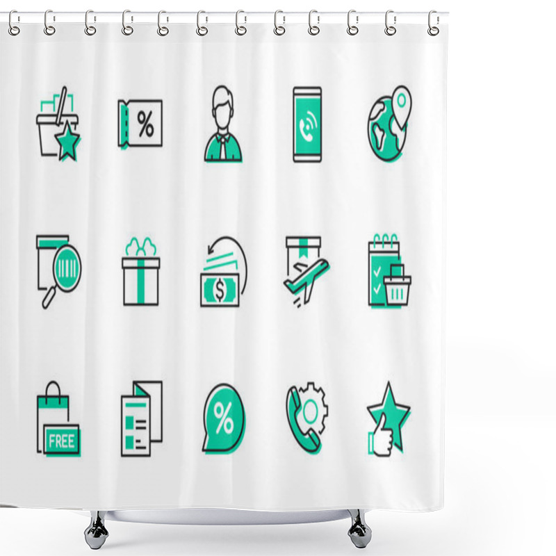 Personality  Purchase And Delivery Of Goods - Set Of Line Design Style Icons Isolated On White Background. Quality Images Of Discount, Smartphone, Worldwide Shipping, Gift Box, Barcode, Star Rating, Best Seller Shower Curtains