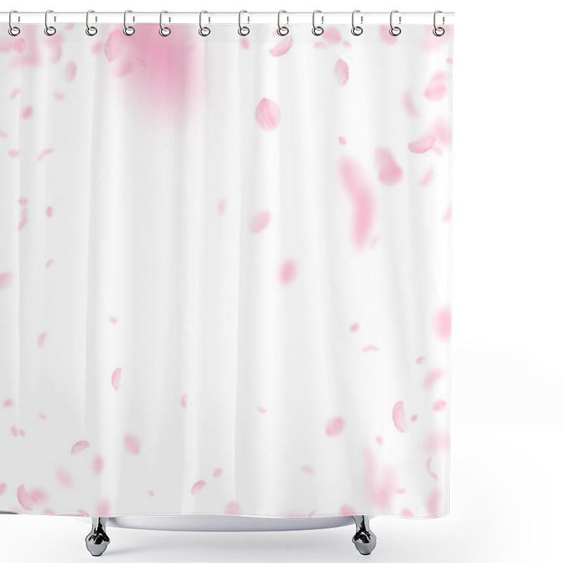 Personality  Sakura Petals Falling Down. Romantic Pink Flowers Vignette. Flying Petals On White Square Background Shower Curtains