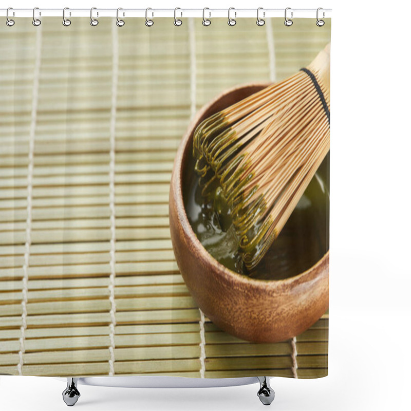 Personality  Green Matcha Powder And Bamboo Whisk In Wooden Bowl On Table Mat With Copy Space Shower Curtains