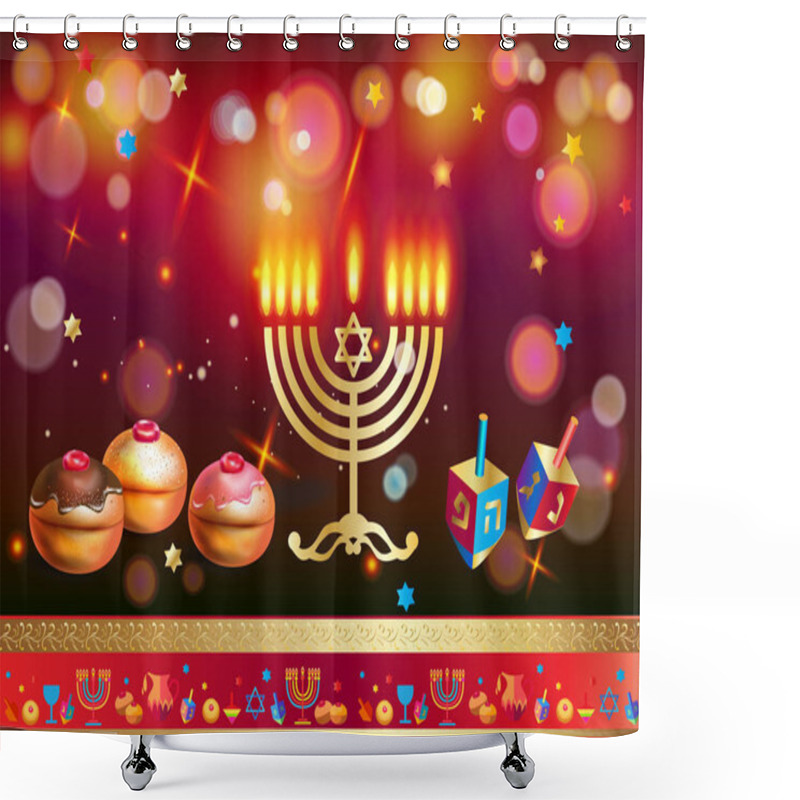 Personality  Happy Hanukkah Card Jewish Traditional Chanukkah Festival Symbols. Baked Donuts With Blueberry And Confetti Chocolate Glaze For Happy Hanukkah, Chanukah Gold Menorah Candelabrum Candles, Wood Dreidel, Doughnuts On Festive Bokeh Lights Background 2023 Shower Curtains