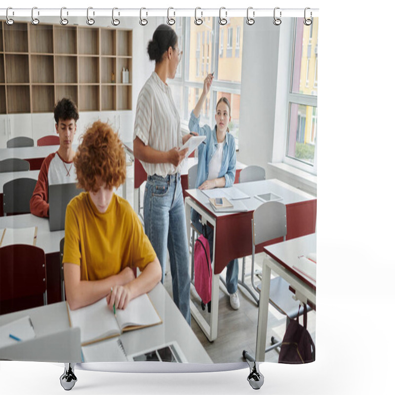 Personality  Schoolgirl Talking To African American Teacher With Digital Tablet During Lesson In School Shower Curtains