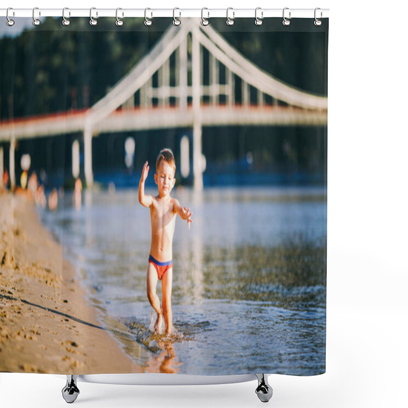 Personality  Theme Summer Outdoor Activities Near The River On The City Beach In Kiev Ukraine. Little Funny Baby Boy Running Along The River Bank, Jumping A Splash Of Water Sandy Beach Summer Time Shower Curtains