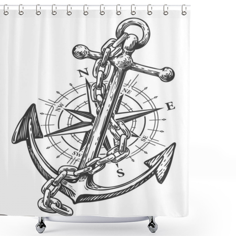 Personality  Compass, Rose Of Wind And Anchor With Rope In Engraving Style. Vintage Sketch Vector Illustration Shower Curtains