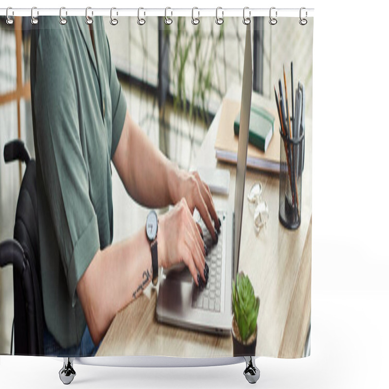 Personality  Cropped View Of Disabled Businesswoman In Casual Attire Sitting In Wheelchair And Working Hard Shower Curtains