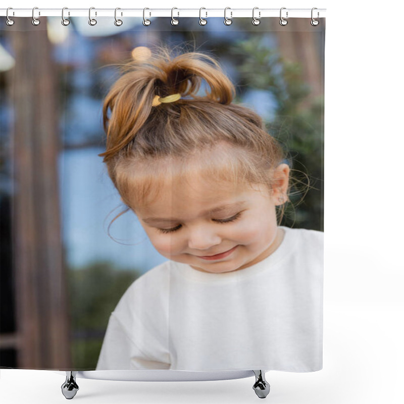 Personality  Portrait Of Smiling Toddler Girl In White T-shirt Smiling And Looking Down Shower Curtains