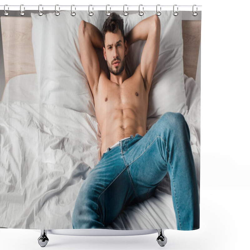 Personality  Sexy Shirtless Macho In Jeans Lying On Bed On Grey Shower Curtains