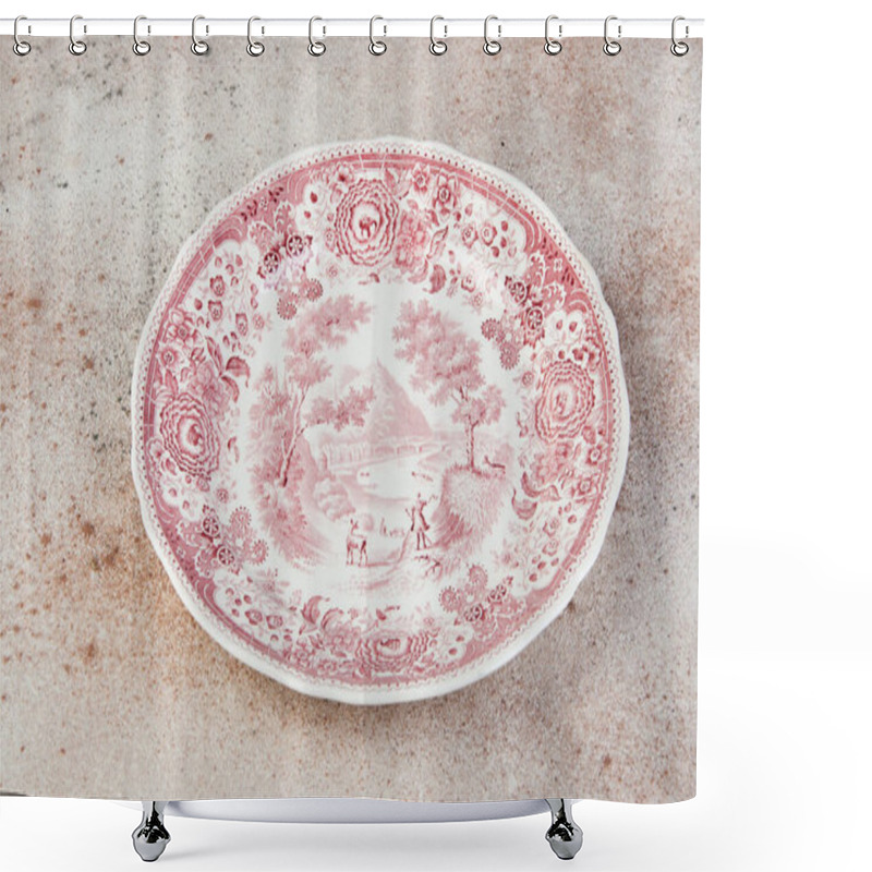 Personality  Antique Porcelain Red Dish On Concrete Background. Copy Space For Text, Food Photography Props. Shower Curtains