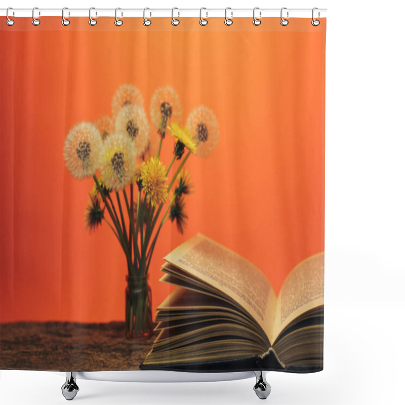 Personality  Open Book And  Yellow Flower Dandelion On A Old Oak Table And Coral Orange  Wall Background. Shower Curtains