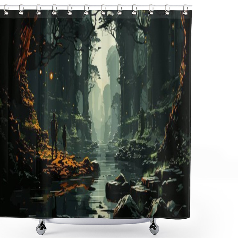 Personality  Woman Walks On A Branch On A Stream And Looks At The Monoliths In The Forest, Digital Art Style, Illustration Painting Shower Curtains