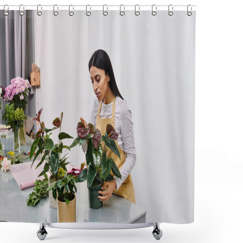 Personality  A Skilled Florist Tends To Vibrant Plants While Preparing Fresh Arrangements For Her Shop. Shower Curtains