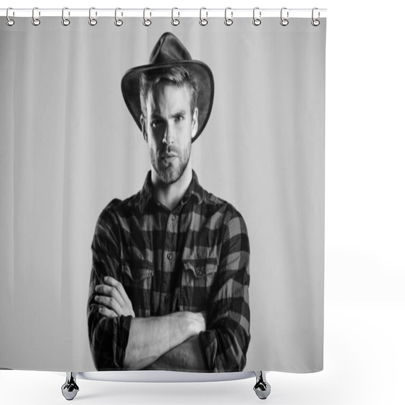 Personality  American Cowboy. Beauty Standard. Example Of True Masculinity. Cowboy Wearing Hat. Western Life. Man Unshaven Cowboy Beige Background. Unshaven Guy In Cowboy Hat. Handsome Bearded Macho Shower Curtains