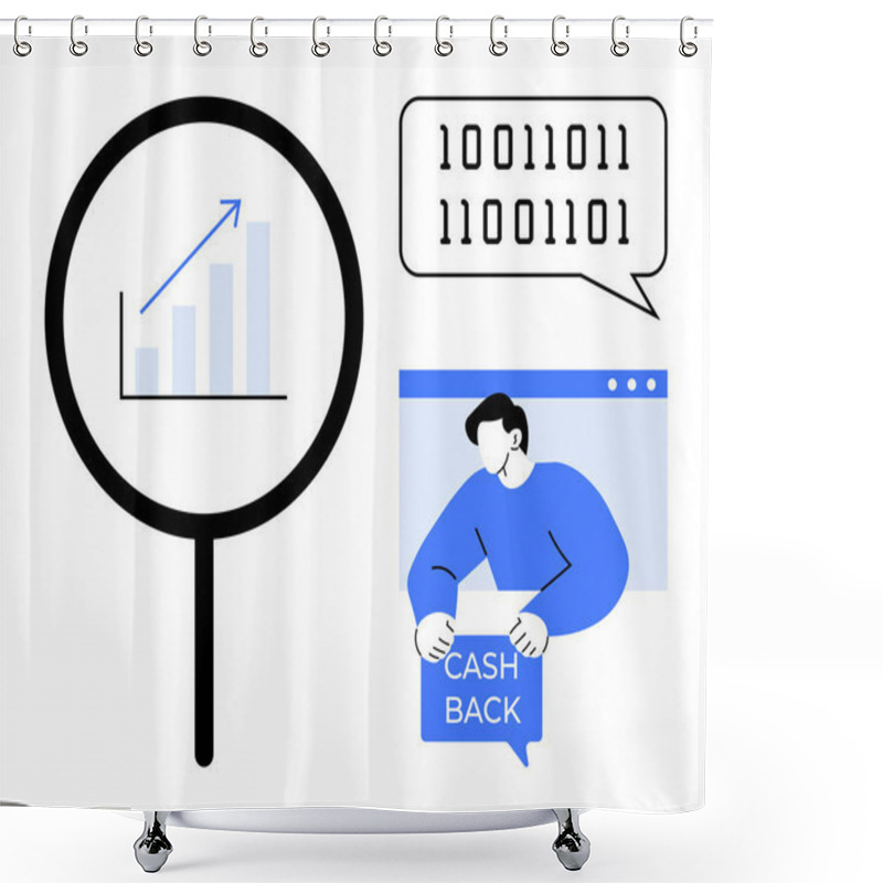 Personality  Magnifying Glass With Growth Chart, Binary Code Speech Bubble, And A Person Holding A Cashback Sign. Ideal For Financial Analysis, Tech-related Concepts, E-commerce, Data Analytics, And Business Shower Curtains