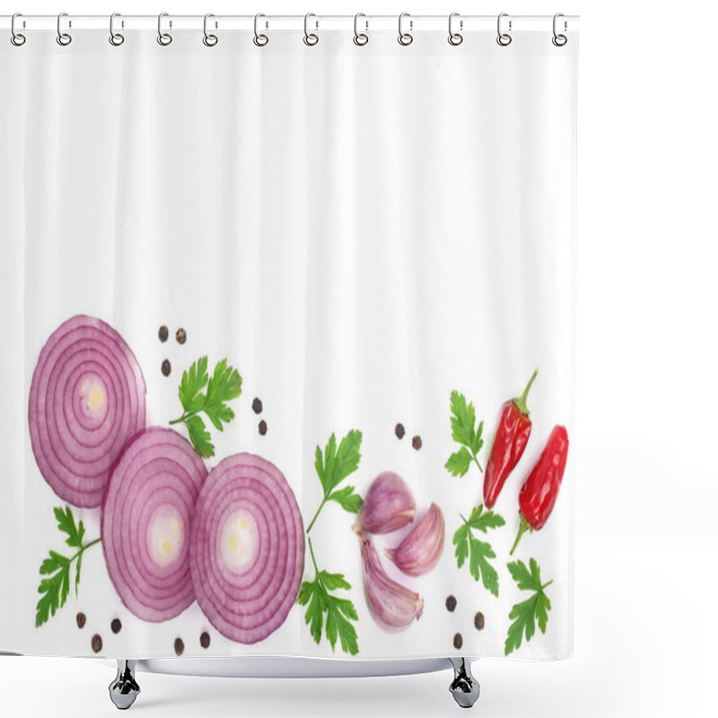 Personality  Onion, Garlic, Hot Pepper Parsley Isolated On White Background With Copy Space For Your Text. Top View. Flat Lay Shower Curtains