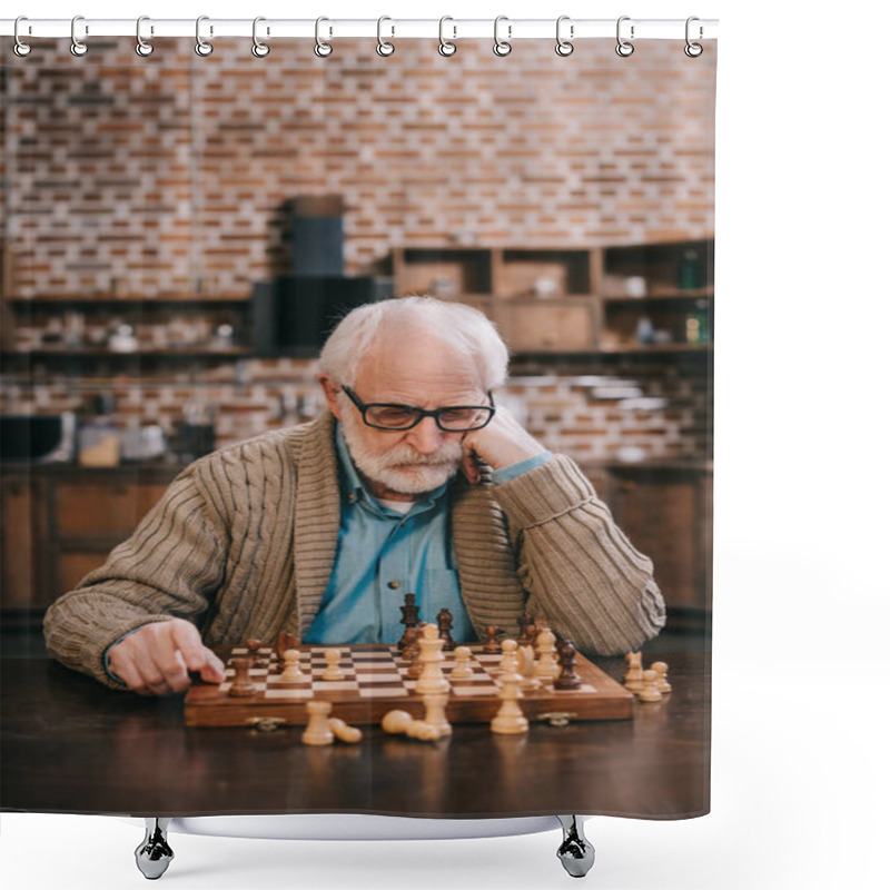 Personality  Thoughtful Elder Man By Chess Board Shower Curtains