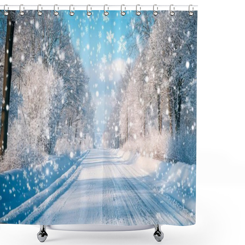 Personality  Serene Winter Landscape With Snow-covered Road And Falling Snowflakes. Shower Curtains