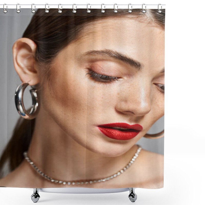 Personality  A Young Caucasian Woman With Brunette Hair Wearing Red Lipstick And Hoop Earrings. Shower Curtains